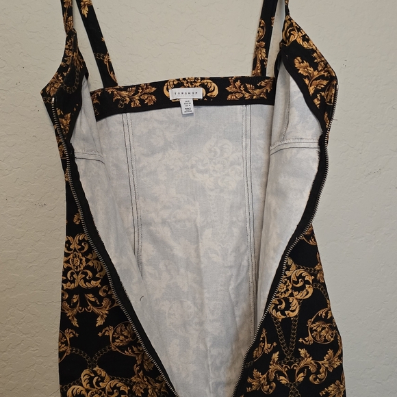Topshop Printed Denim Zip front Dress black gold chain print size 4 - Picture 6 of 6